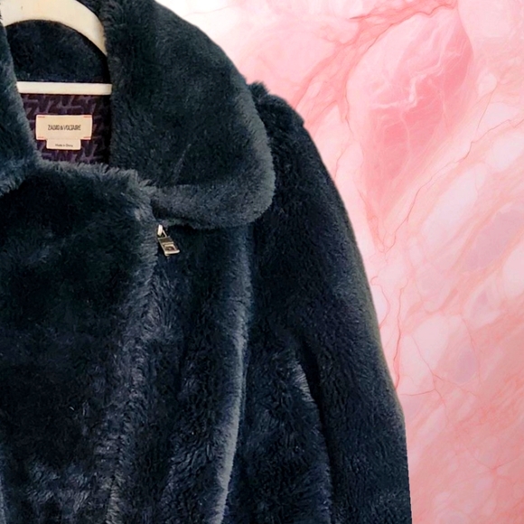 ZADIG & VOLTAIRE Freeze Faux Fur Coat Black/Green 3-Pocket Front Zip Close M/L - Picture 4 of 16